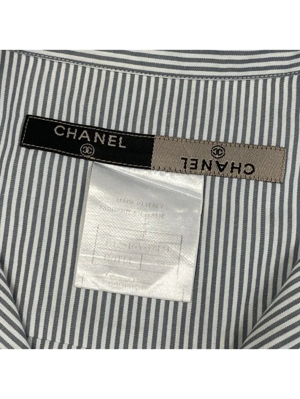 Chanel CC Logo Short Sleeve Striped Shirt 38 Gray White Cotton